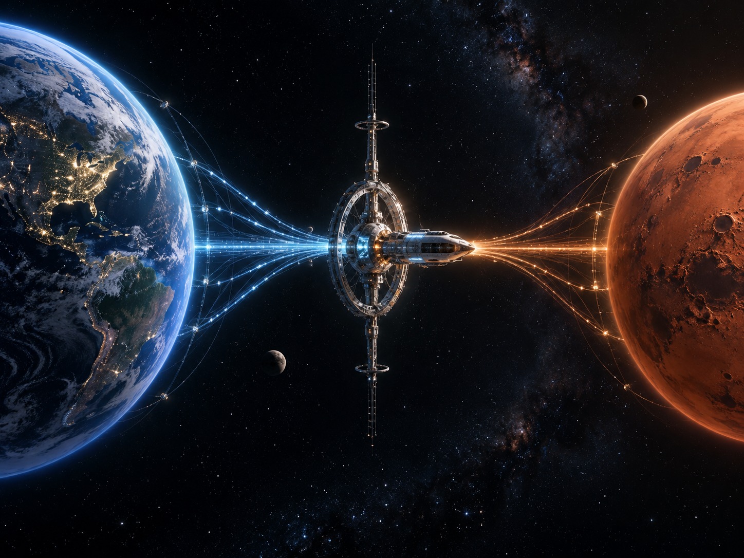 Earth and Mars linked through a technological tether